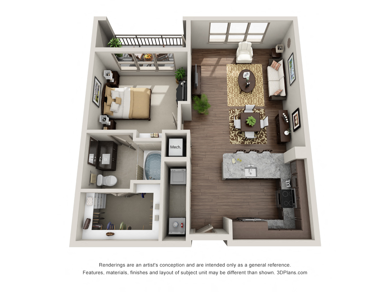 Floor plan for 1 bed, 1 bath, 827 sqft