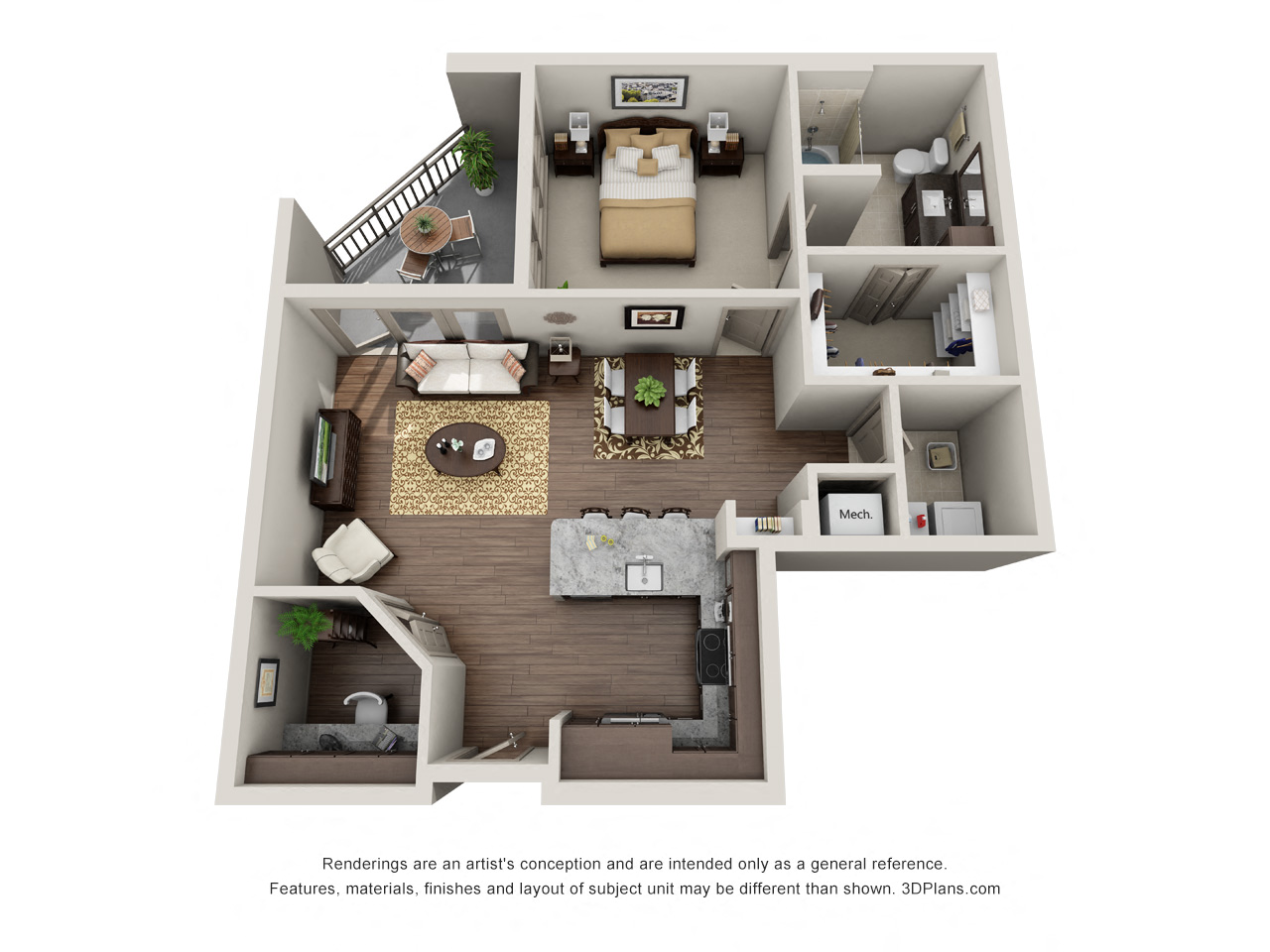 Floor plan for 1 bed, 1 bath, 848 sqft