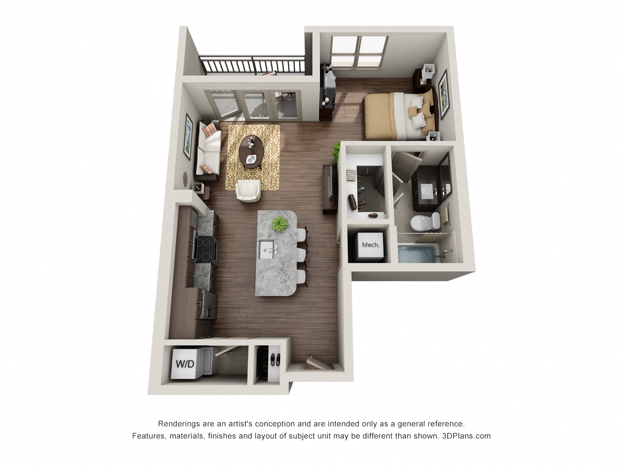 Floor plan for studio, 1 bath, 595 sqft