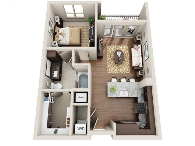 Floor plan for 1 bed, 1 bath, 682 sqft