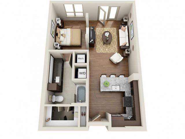 Floor plan for studio, 1 bath, 667 sqft