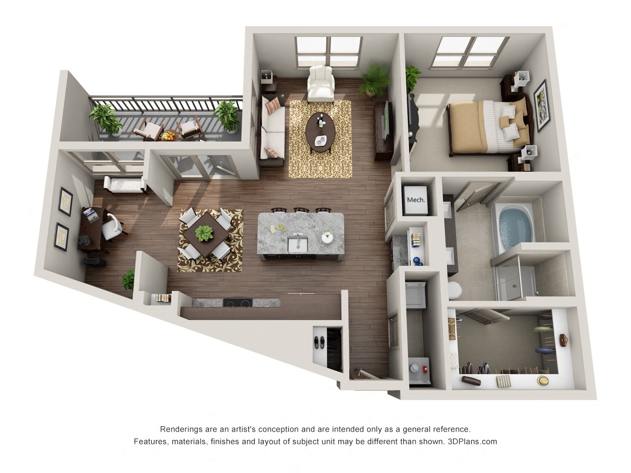 Floor plan for 1 bed, 1 bath, 947 sqft