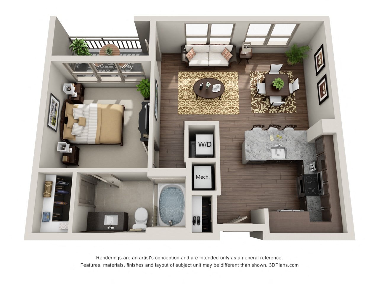 Floor plan for 1 bed, 1 bath, 677 sqft