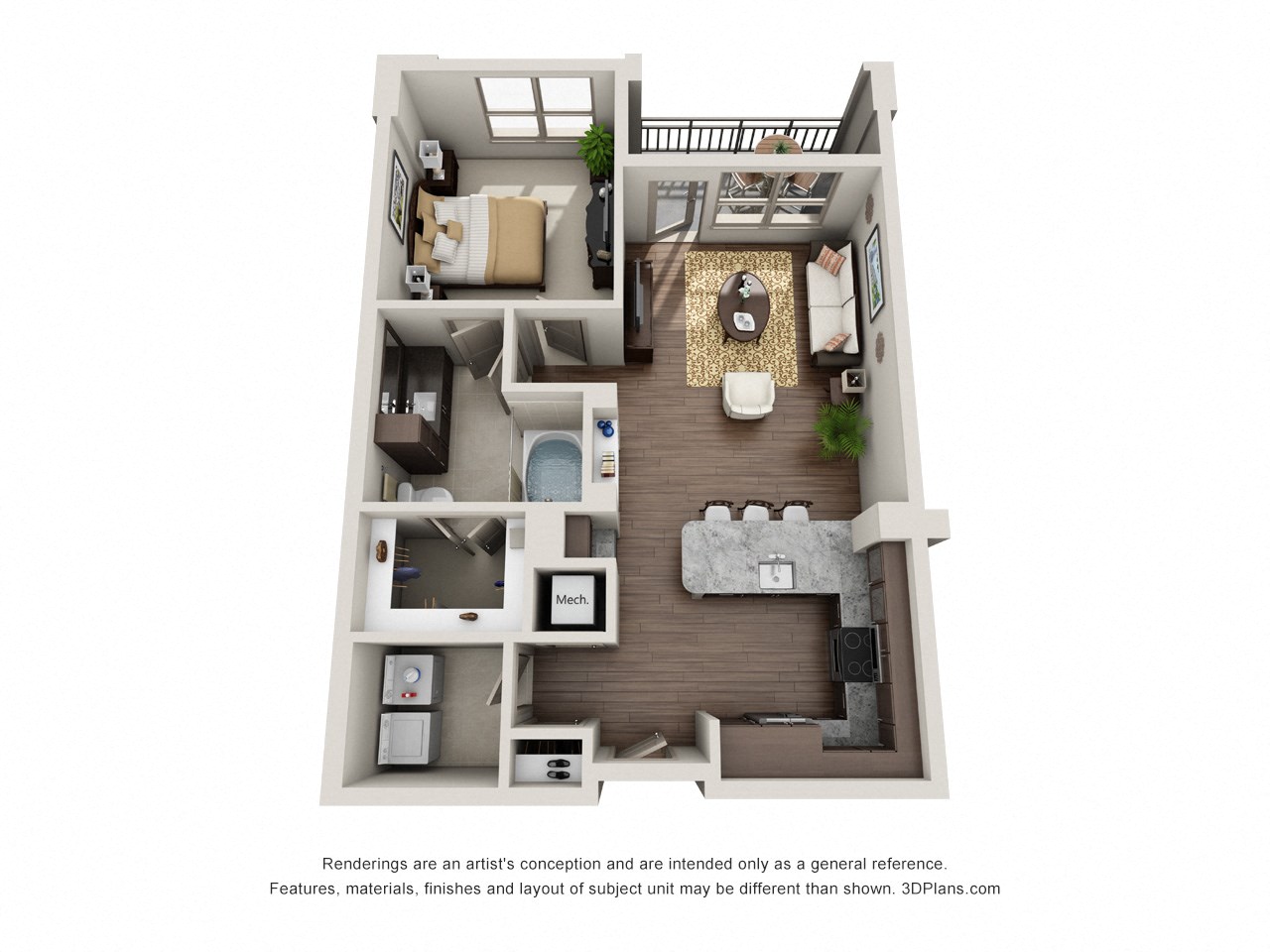 Floor plan for 1 bed, 1 bath, 734 sqft
