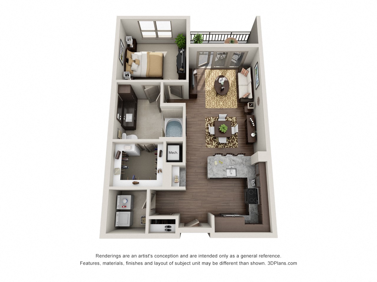 Floor plan for 1 bed, 1 bath, 802 sqft