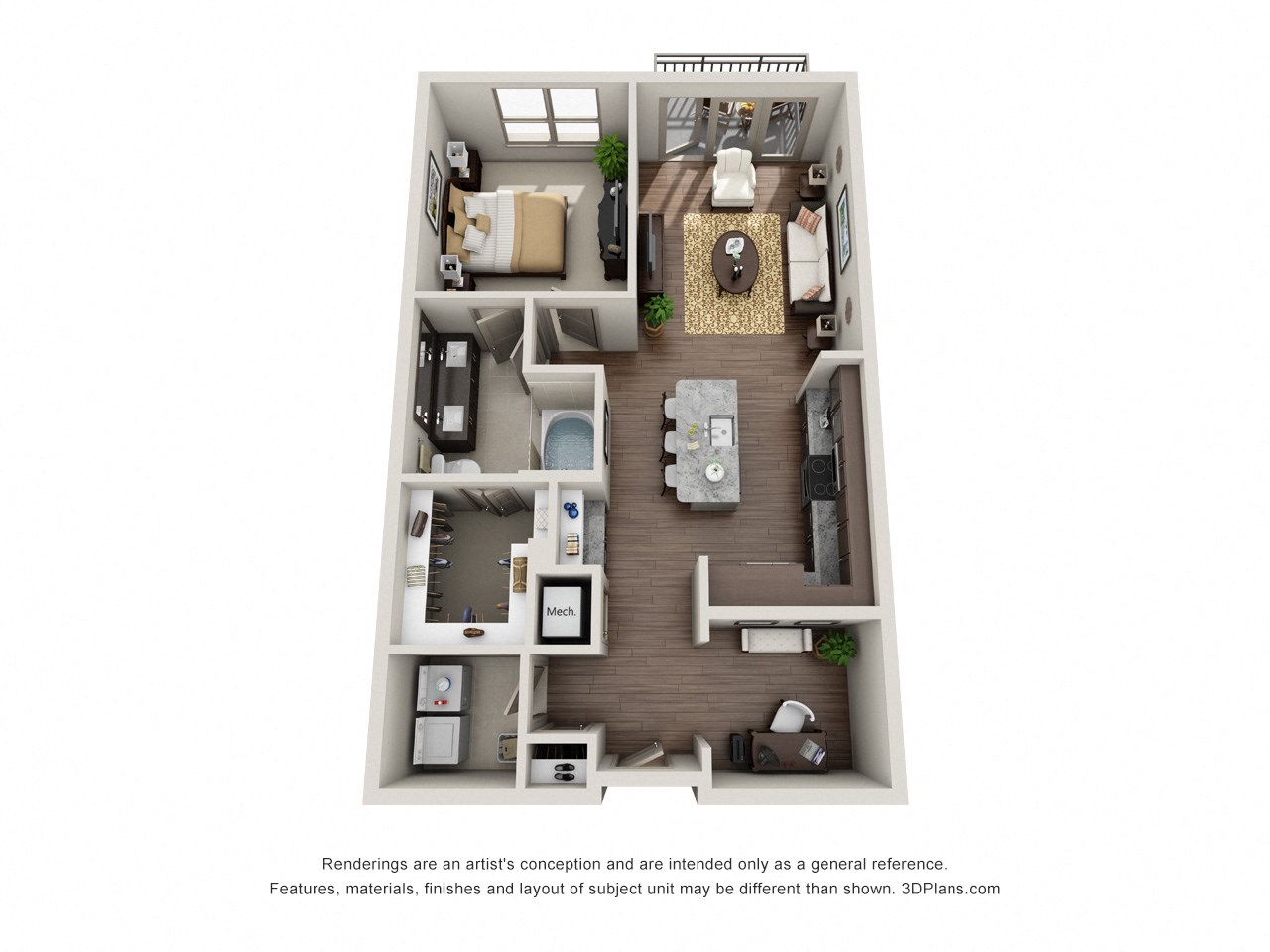 Floor plan for 1 bed, 1 bath, 865 sqft