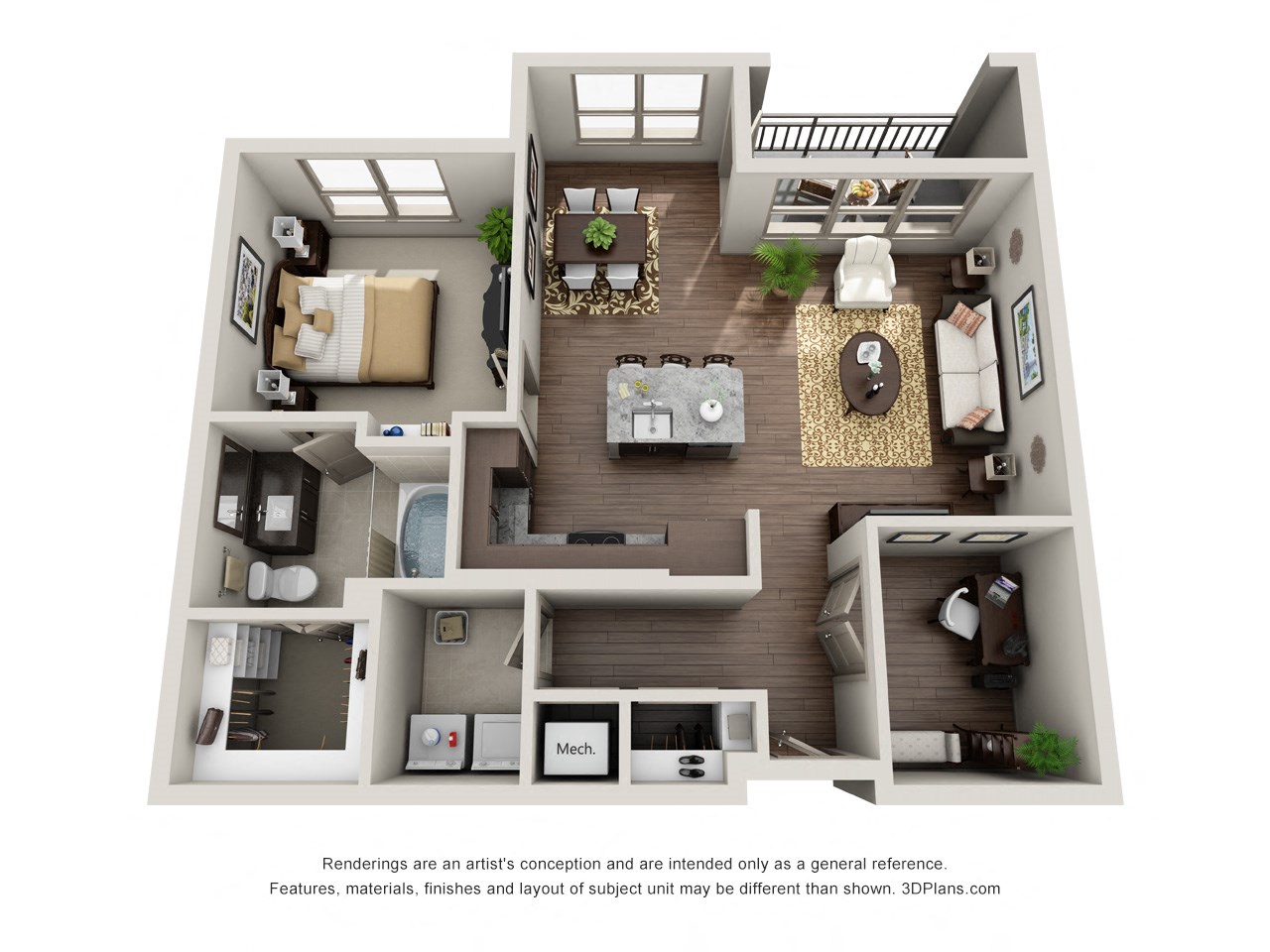 Floor plan for 1 bed, 1 bath, 895 sqft