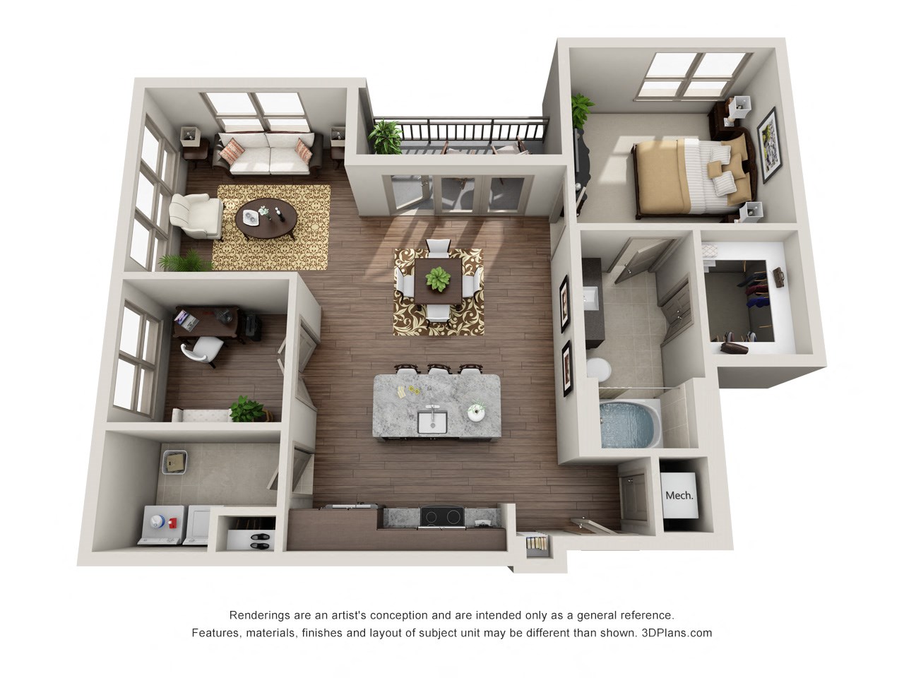 Floor plan for 1 bed, 1 bath, 916 sqft