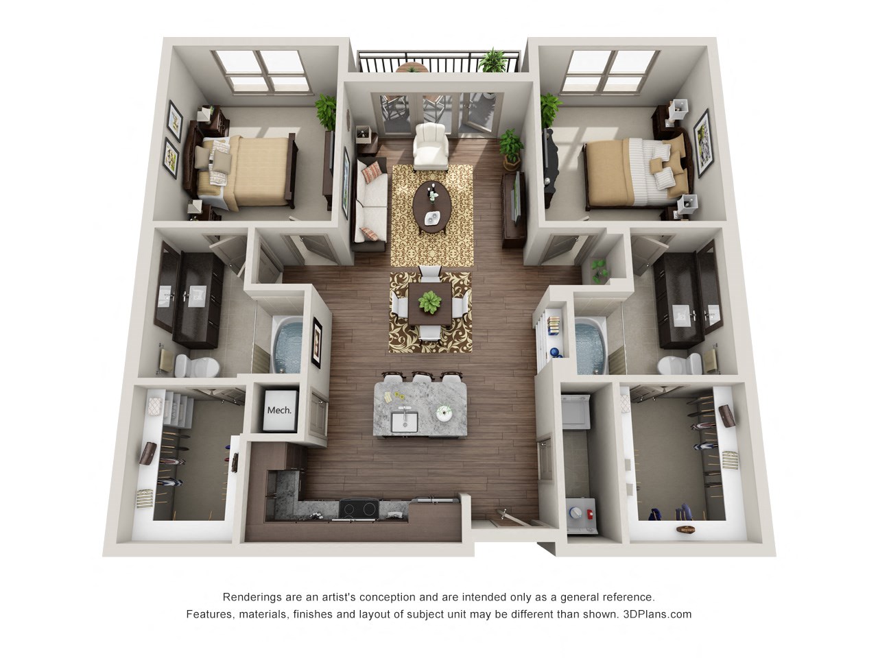 Floor plan for 2 beds, 2 baths, 1100 sqft