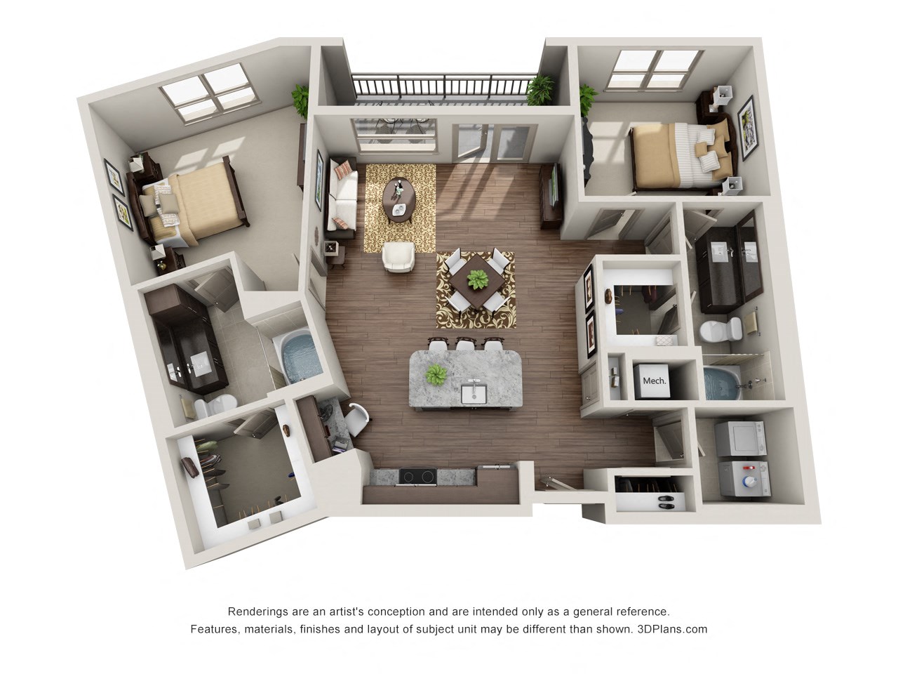 Floor plan for 2 beds, 2 baths, 1180 sqft