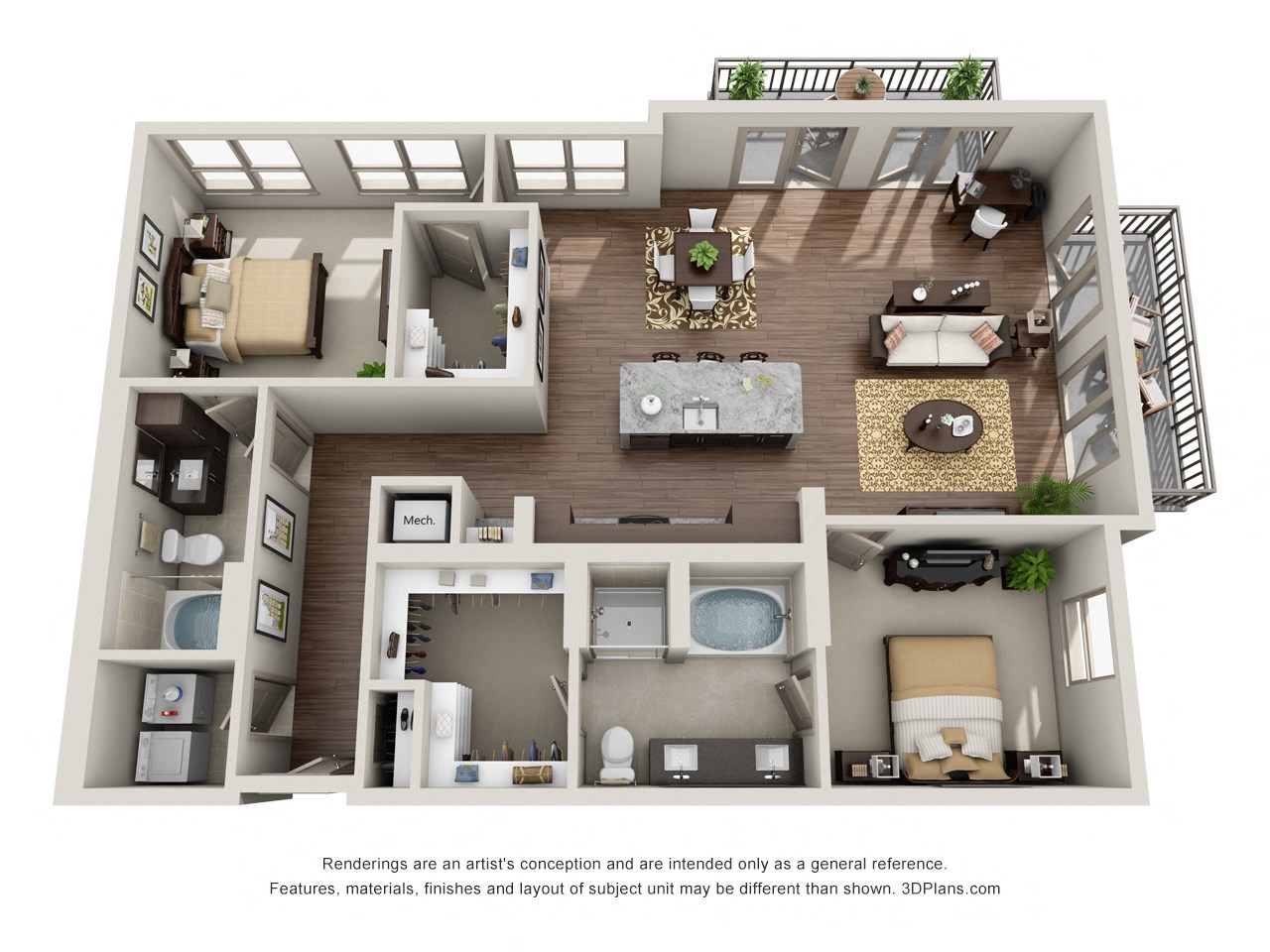 Floor plan for 2 beds, 2 baths, 1321 sqft