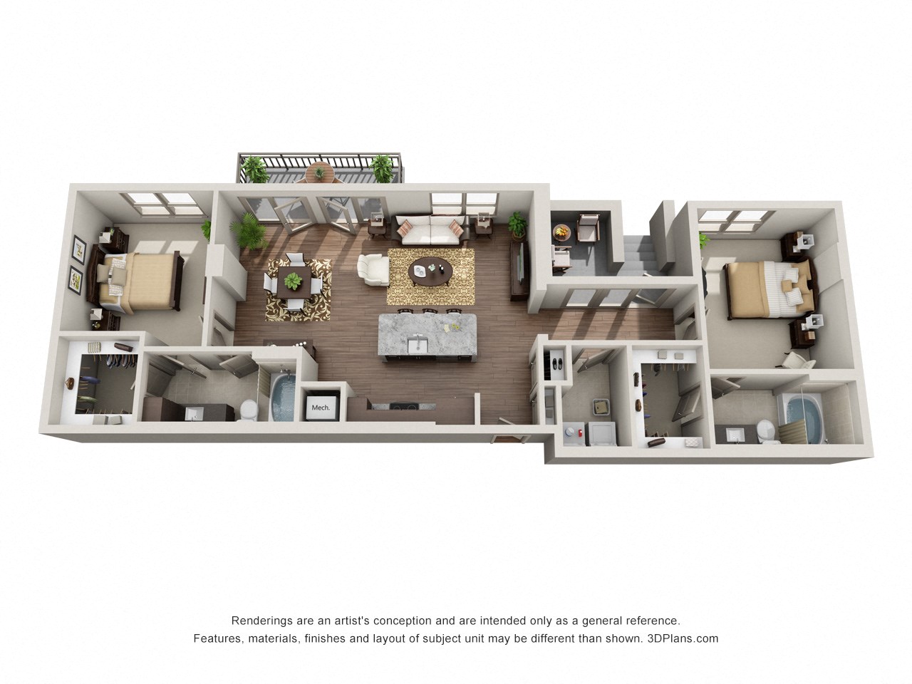 Floor plan for 2 beds, 2 baths, 1208 sqft