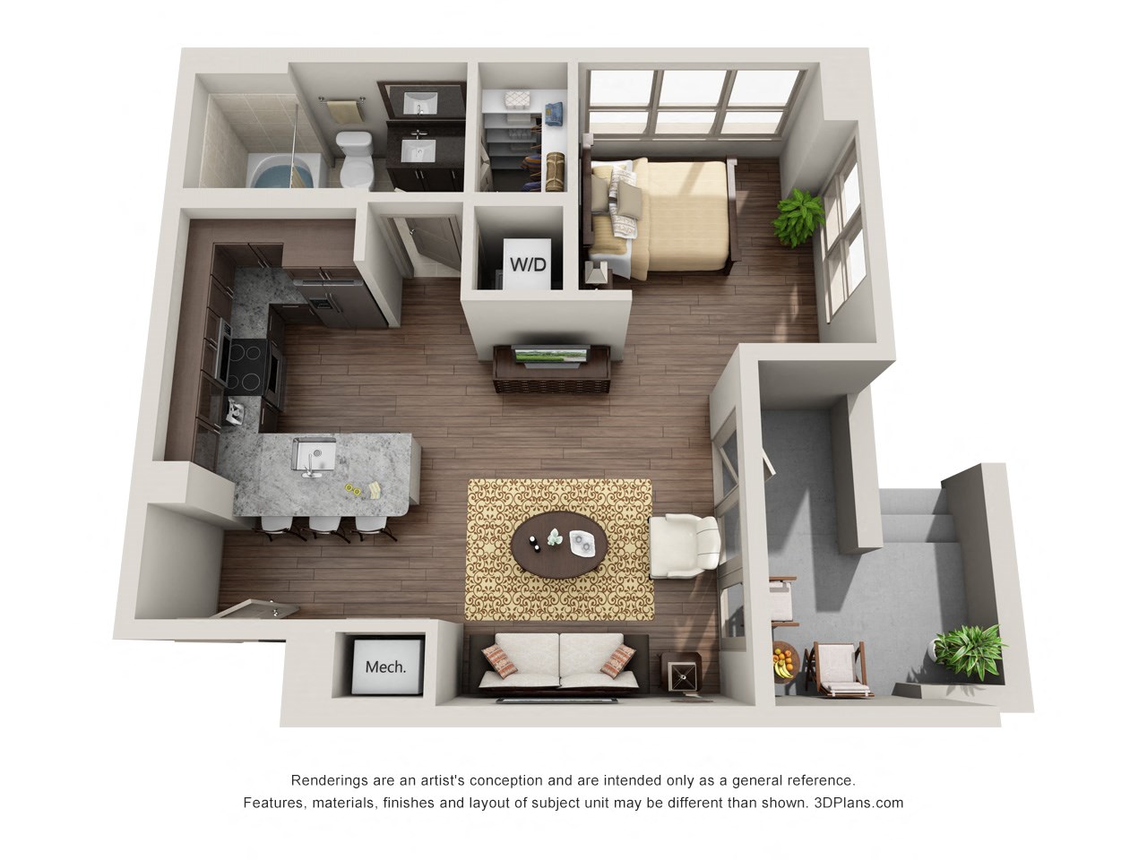 Floor plan for studio, 1 bath, 597 sqft