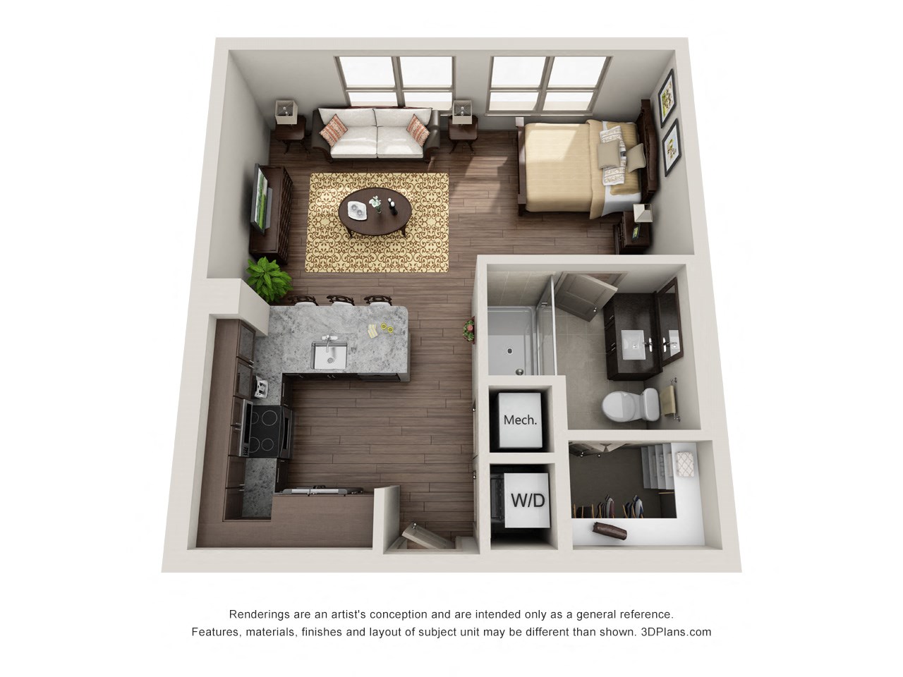 Floor plan for studio, 1 bath, 525 sqft