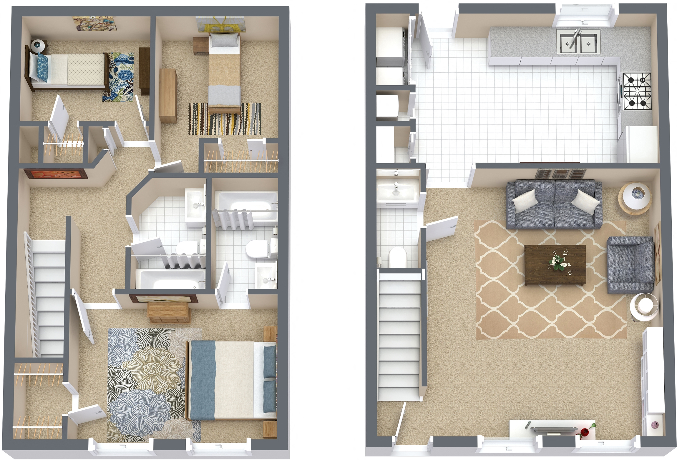 Floor plan for 3 beds, 2.5 baths, 1140 sqft