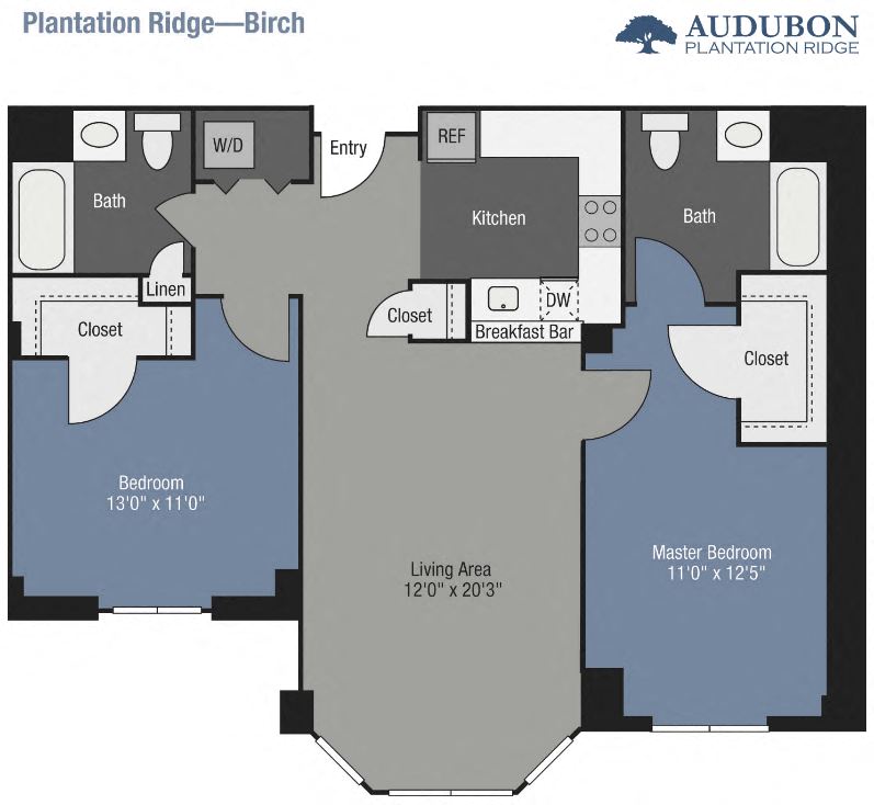 Floor plan for 2 beds, 2 baths, 1049 sqft