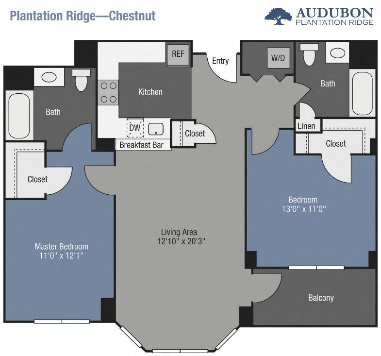 Floor plan for 2 beds, 2 baths, 1025 sqft
