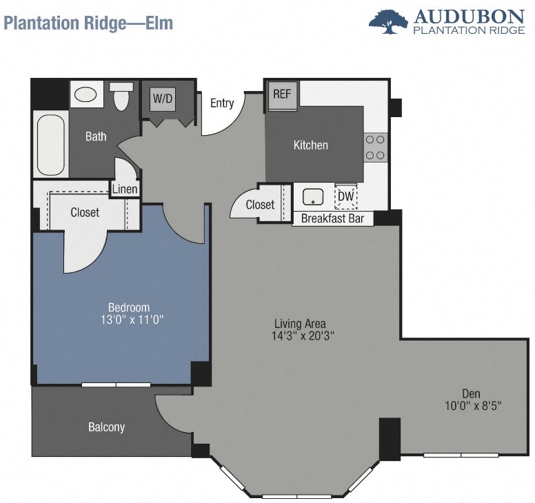Floor plan for 1 bed, 1 bath, 844 sqft