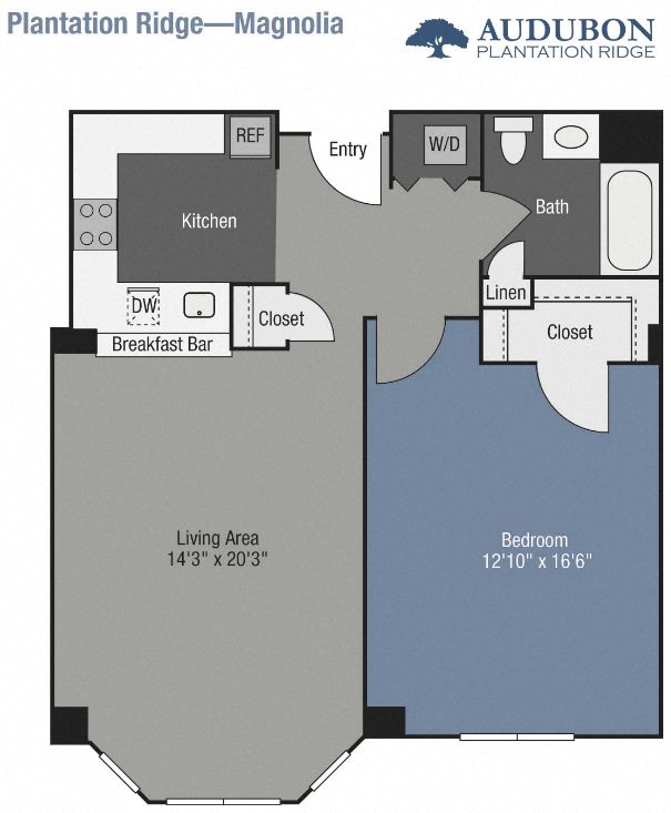 Floor plan for 1 bed, 1 bath, 819 sqft