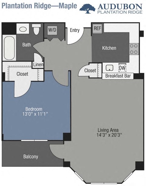 Floor plan for 1 bed, 1 bath, 751 sqft