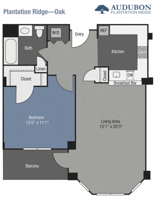 Floor plan for 1 bed, 1 bath, 733 sqft