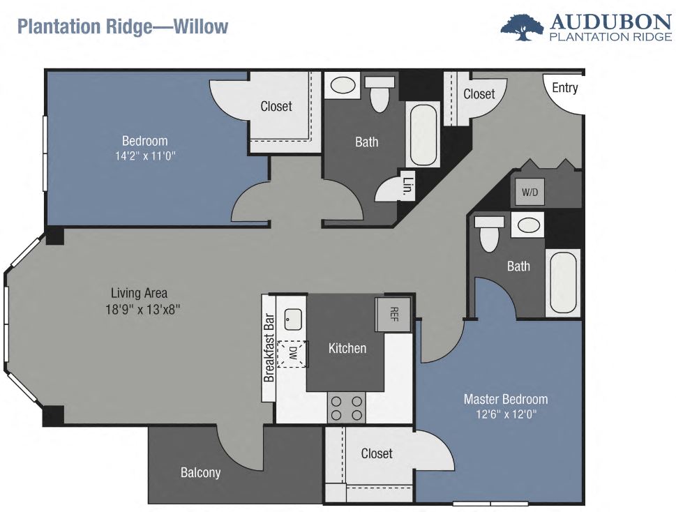 Floor plan for 2 beds, 2 baths, 1161 sqft