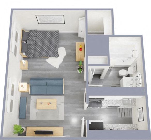 Floor plan for studio, 1 bath, 536 sqft