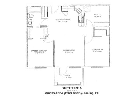 Floor plan for 2 beds, 1 bath, 850 sqft