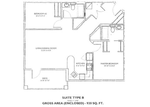 Floor plan for 2 beds, 2 baths, 920 sqft