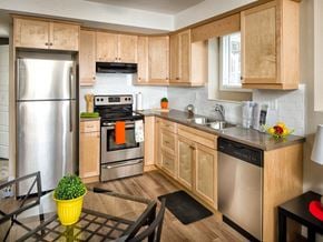 Brandon apartment for rent - a kitchen with wooden cabinets and stainless steel appliances