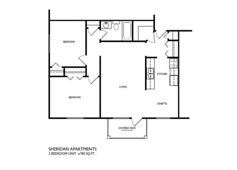 Floor plan for 2 beds, 1 bath, 780 sqft