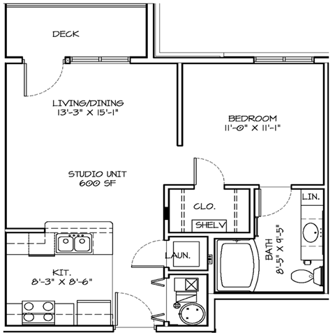 Floor plan for studio, 1 bath, 601 sqft
