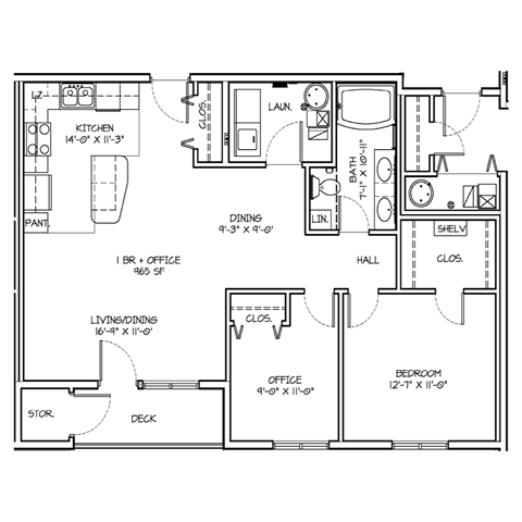 Floor plan for 1 bed, 1 bath, 963 sqft