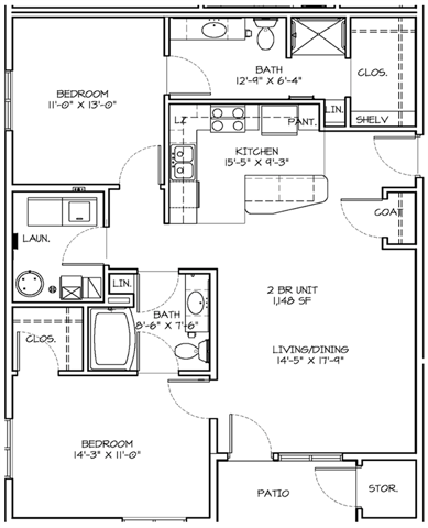 Floor plan for 2 beds, 2 baths, 1223 sqft