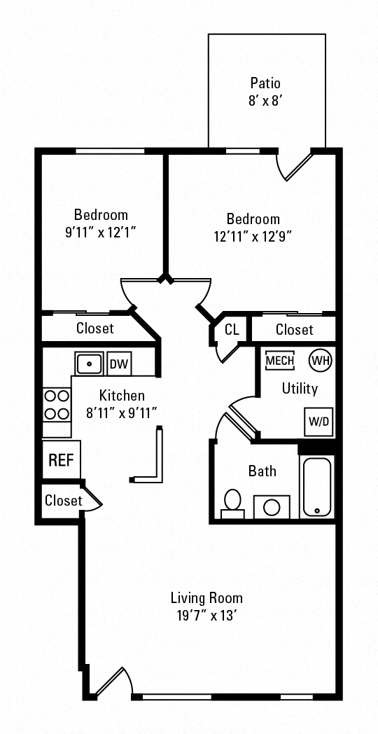 Floor plan for 2 beds, 1 bath, 1008 sqft