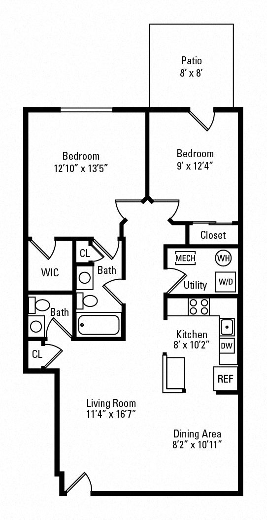 Floor plan for 2 beds, 1.5 baths, 1008 sqft