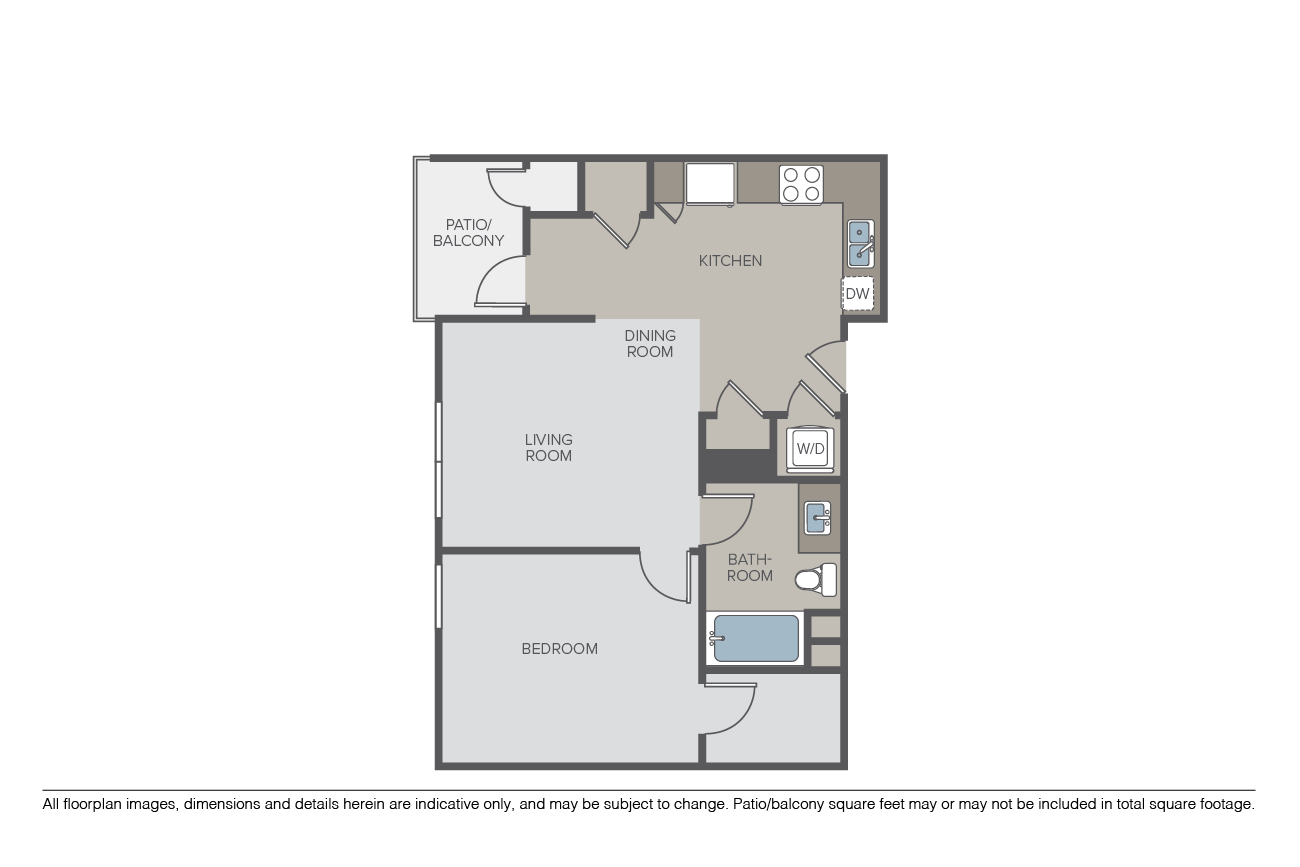 Floor plan for 1 bed, 1 bath, 743 sqft