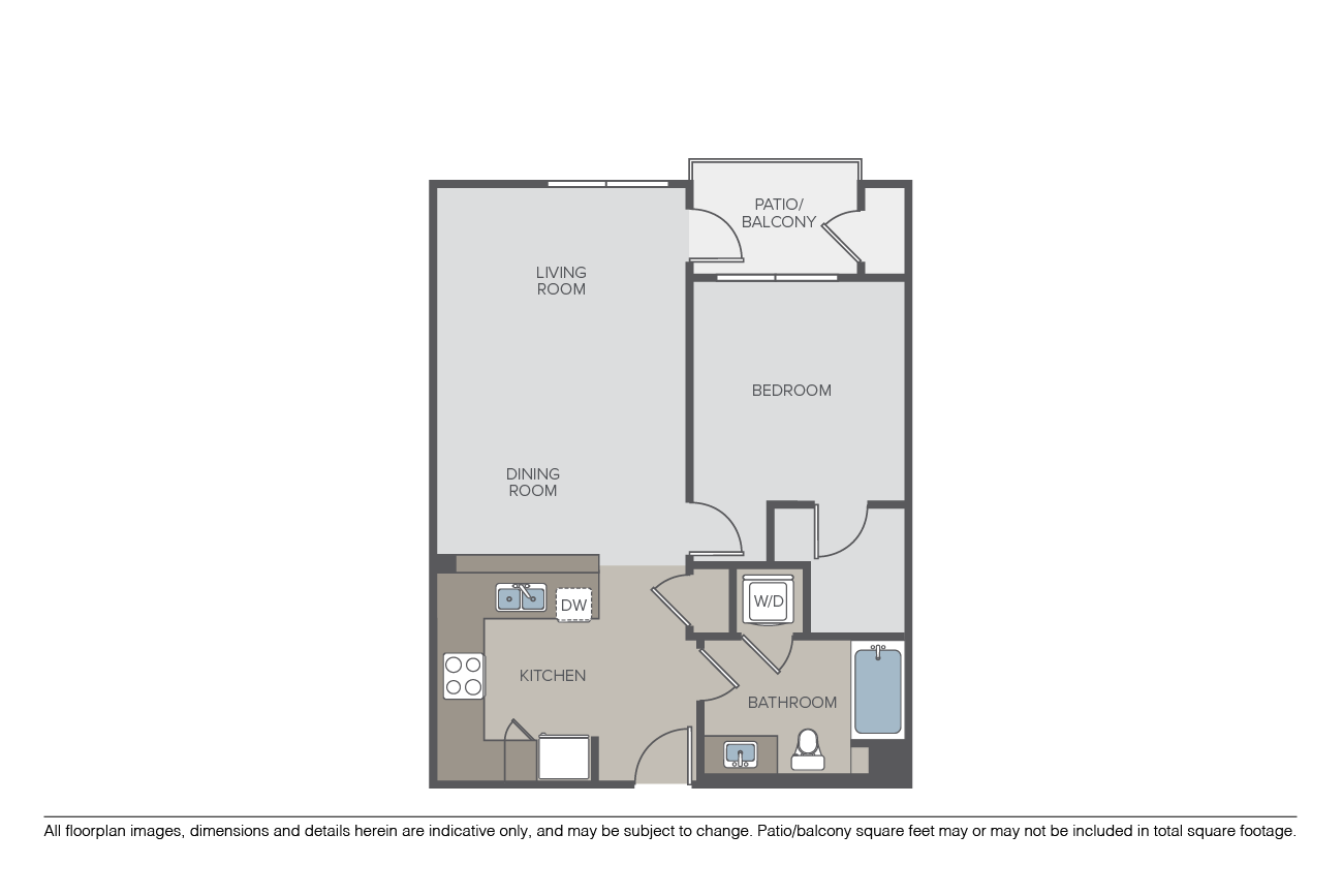 Floor plan for 1 bed, 1 bath, 740 sqft