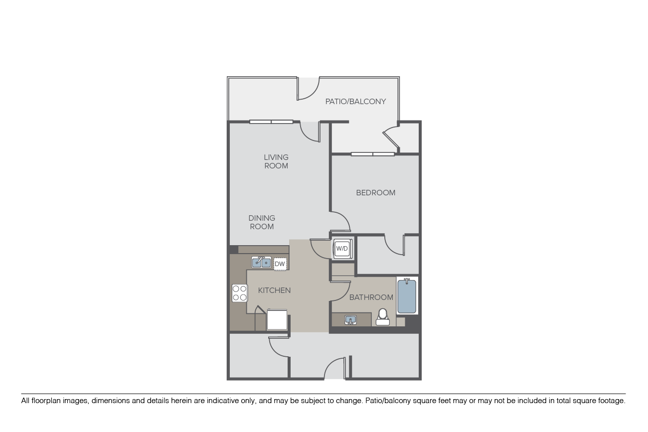 Floor plan for 1 bed, 1 bath, 907 sqft