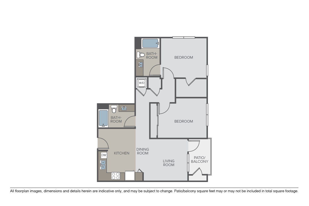 Floor plan for 2 beds, 2 baths, 1068 sqft