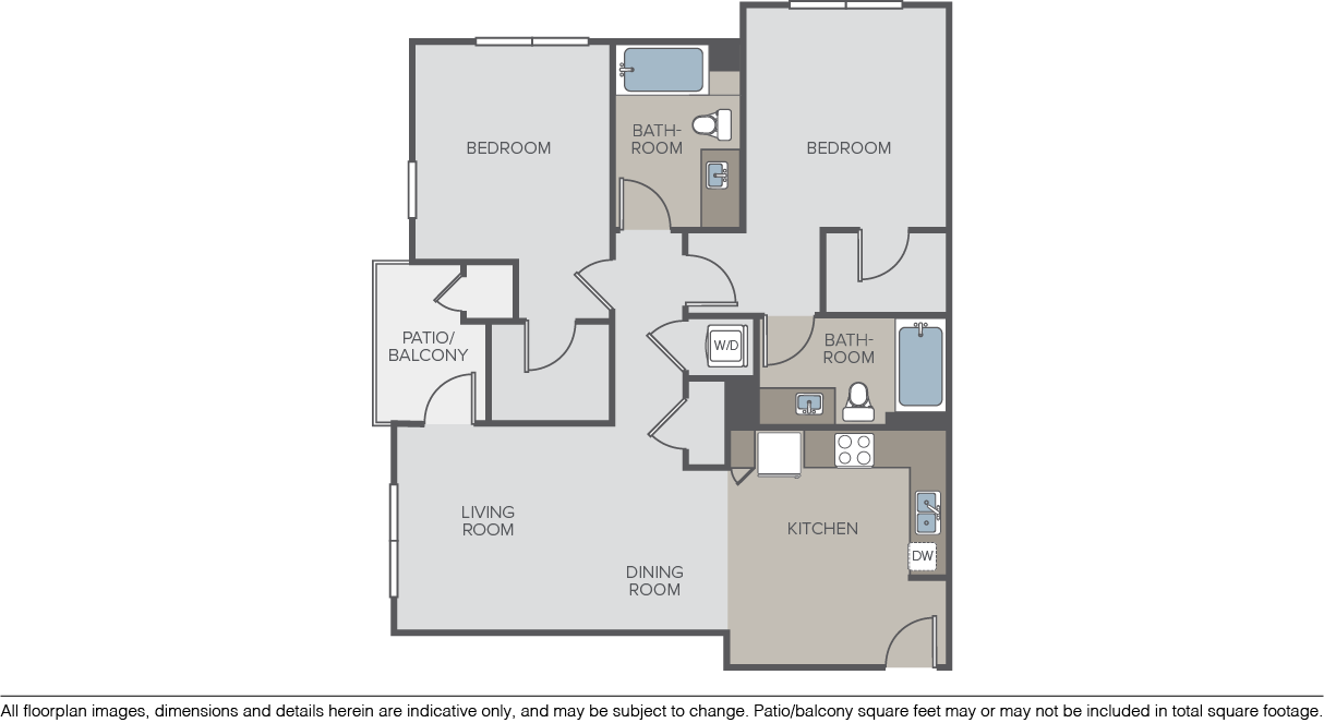 Floor plan for 2 beds, 2 baths, 1168 sqft