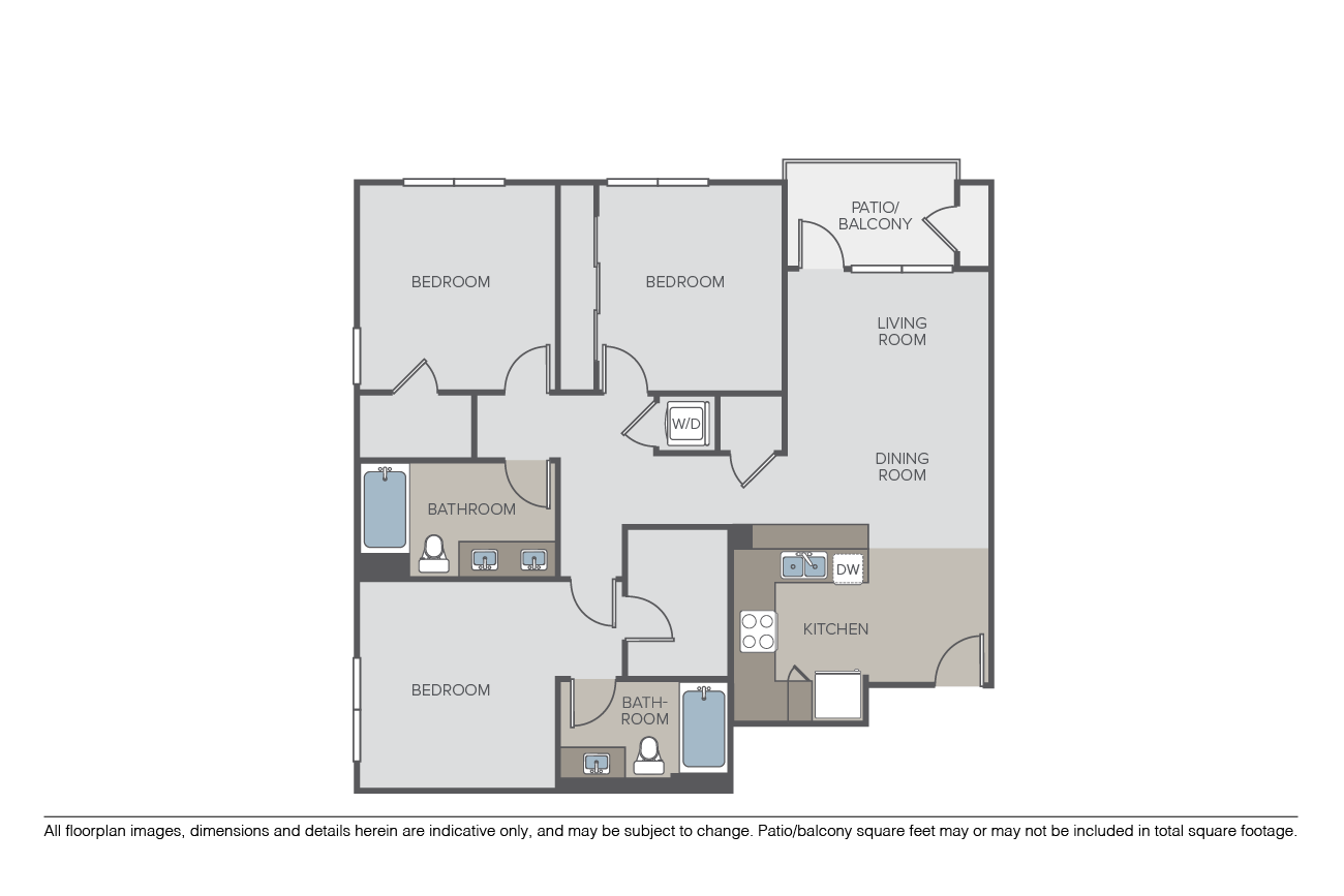 Floor plan for 3 beds, 2 baths, 1340 sqft