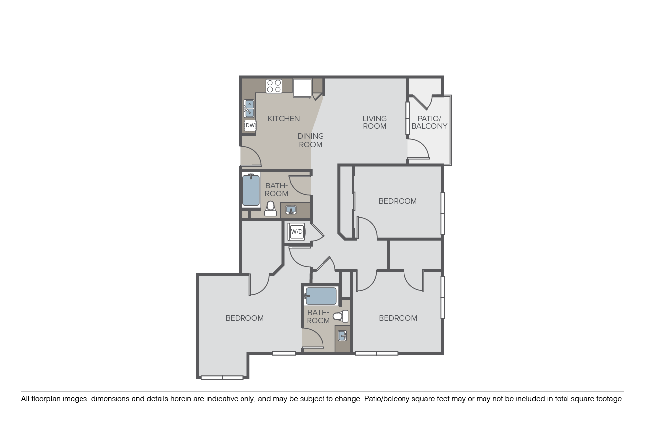 Floor plan for 3 beds, 2 baths, 1376 sqft