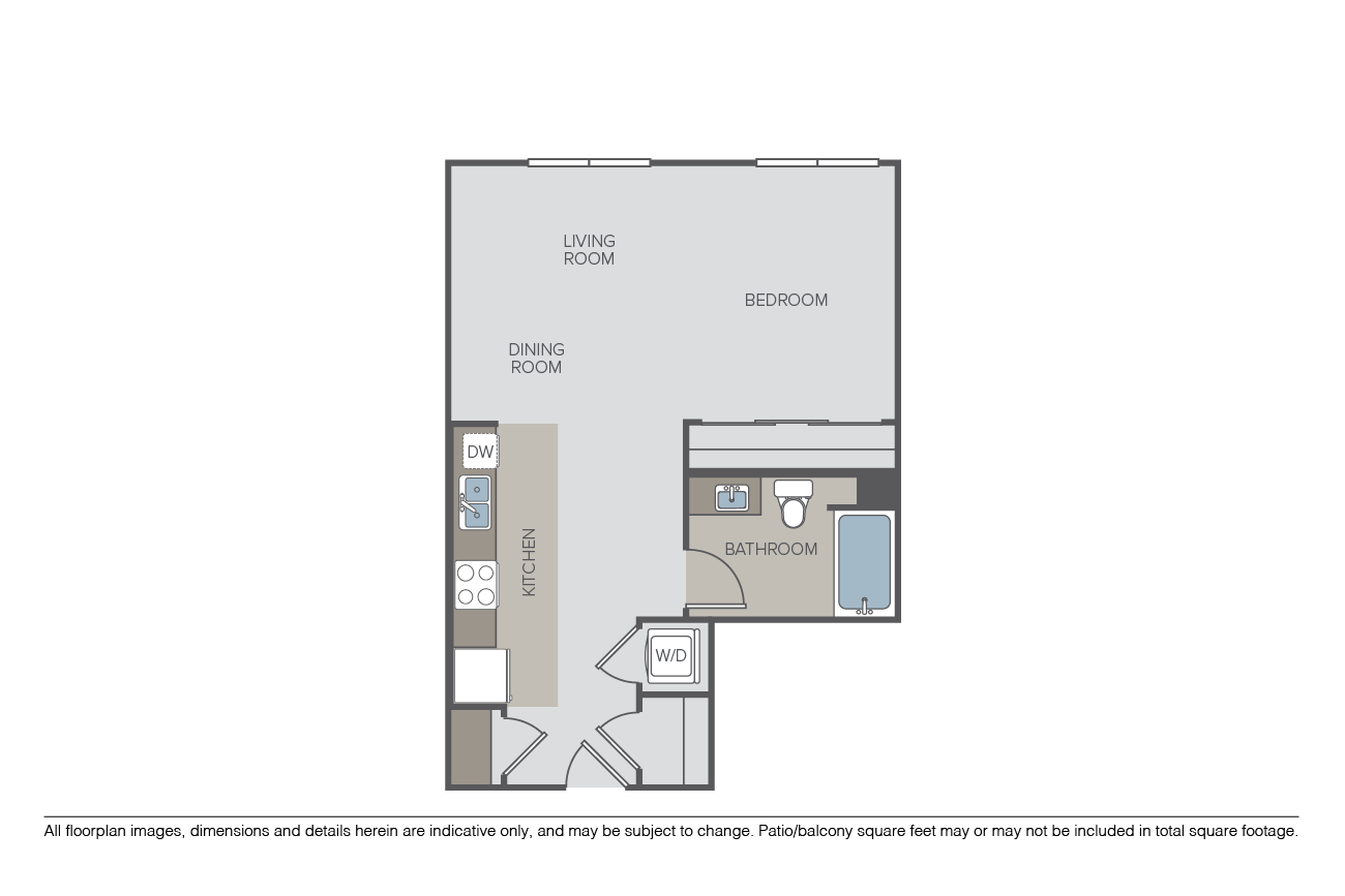 Floor plan for studio, 1 bath, 636 sqft