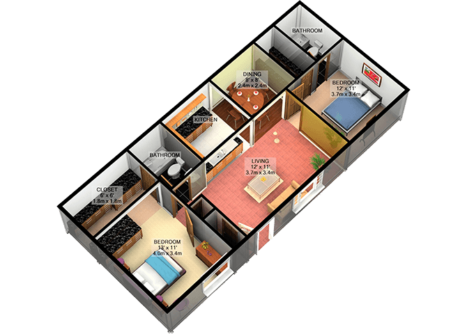 Floor plan for 2 beds, 2 baths, 880 sqft