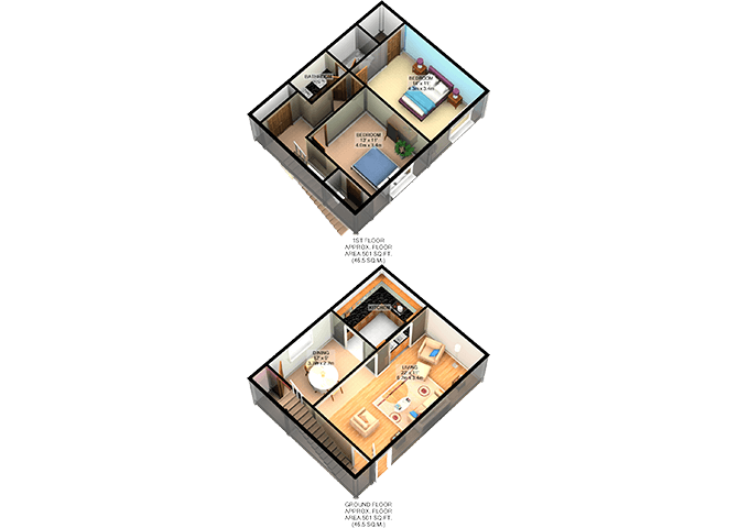 Floor plan for 2 beds, 1.5 baths, 1040 sqft