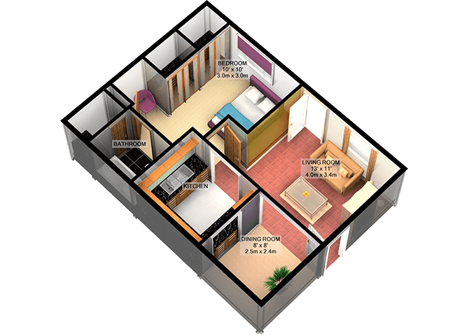 Floor plan for 1 bed, 1 bath, 520 sqft