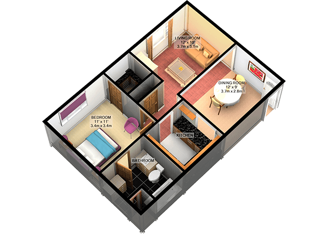 Floor plan for 1 bed, 1 bath, 600 sqft