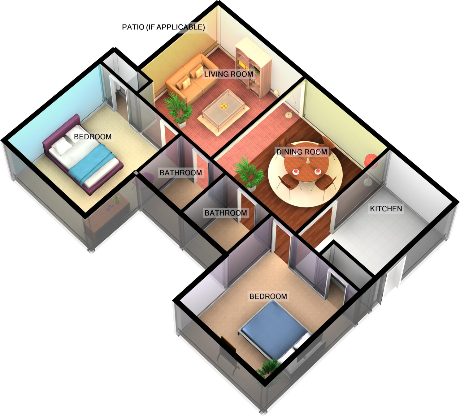 Floor plan for 2 beds, 2 baths, 936 sqft