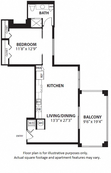 Floor plan for 1 bed, 1 bath, 855 sqft